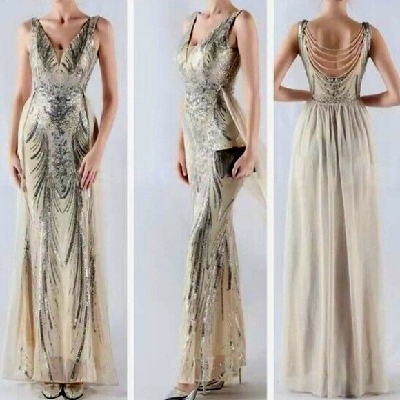 Silver, Double V, Beaded Back, Detachable Draped Skirt, Sequined Mermaid Gown - Picture 1 of 16